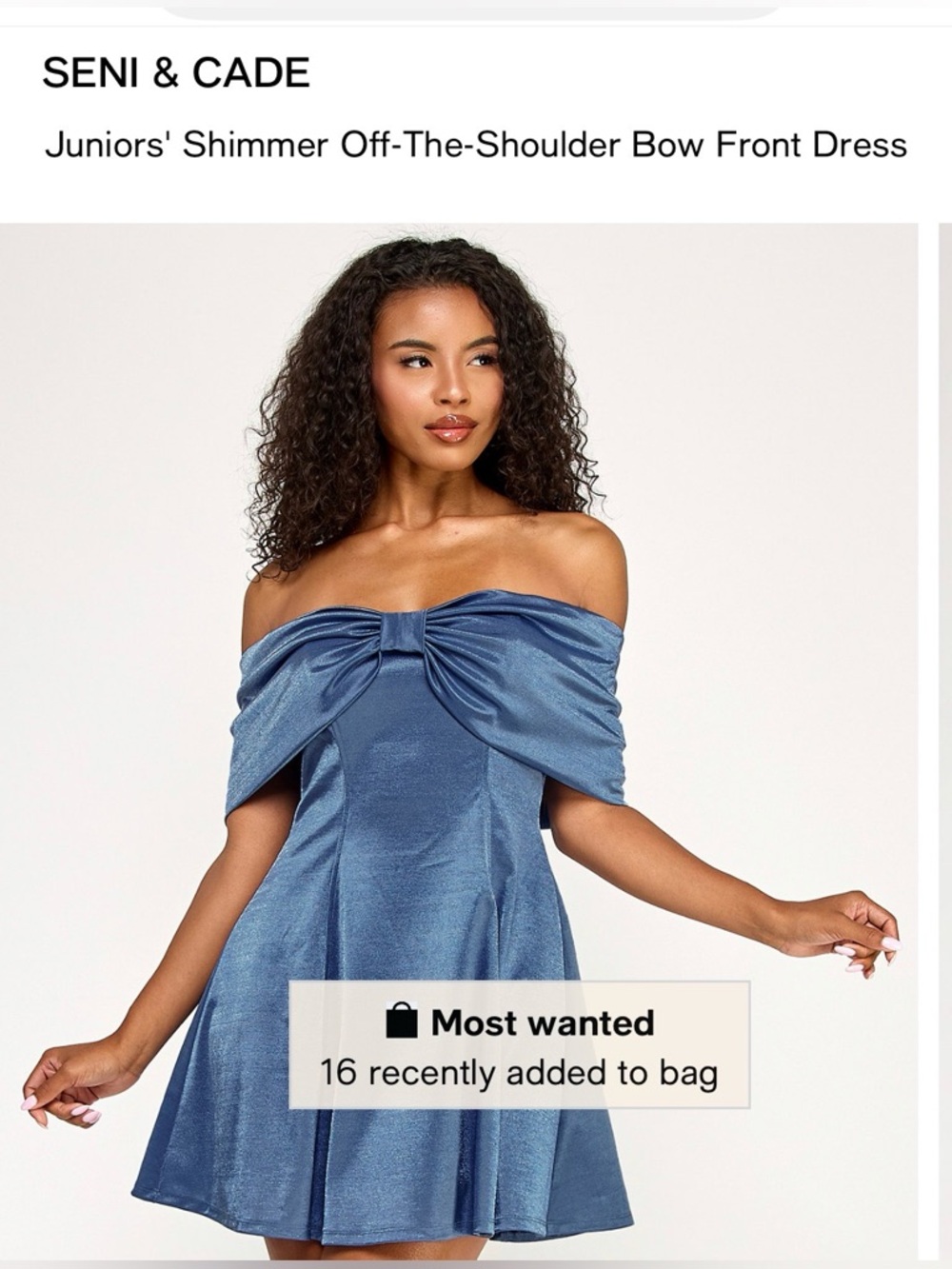 Seni & Cade Juniors' Shimmer Off-The-Shoulder Bow Front Dress